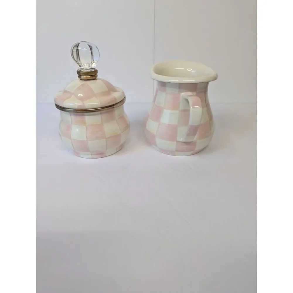 MacKenzie-Childs Rosy Check Enamel Creamer & Lidded Sugar Bowl Set Pink Like New